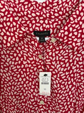 Talbots Red White Abstract Print Belted Button Front Midi Shirt Dress
